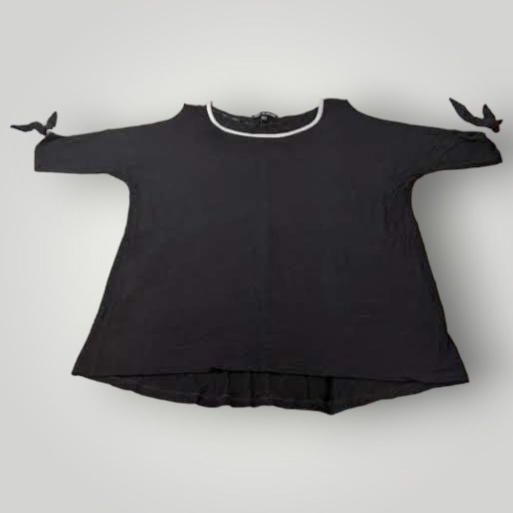 Cable & Gauge Women's L BLACK White Trim Bows STRETCH Jersey Short Sleeve Top